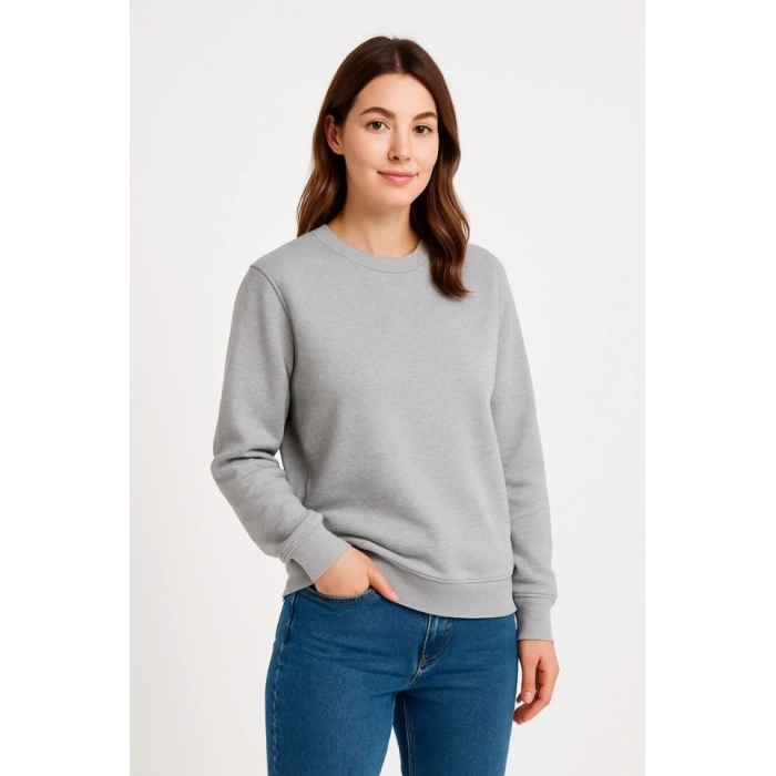 Biçomi Üç İplik Düz Bisiklet Yaka SweatShirt - Gri