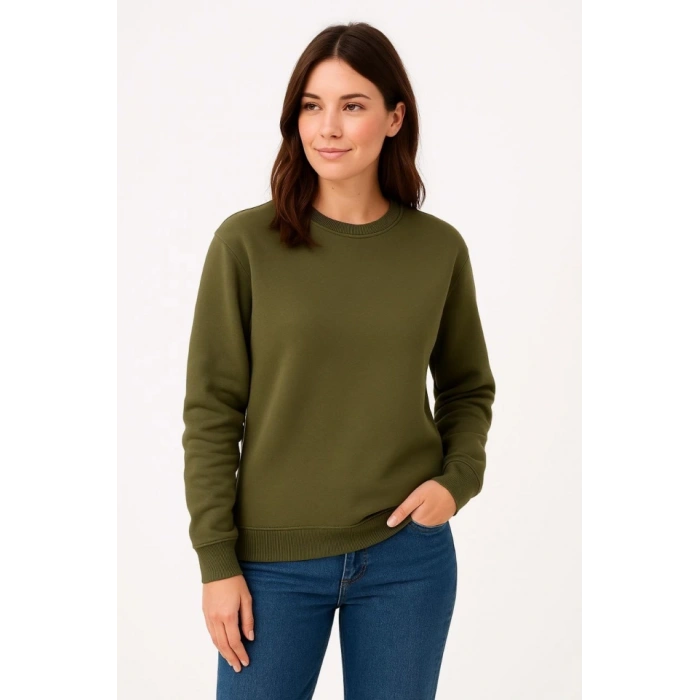 Biçomi Üç İplik Düz Bisiklet Yaka SweatShirt - Haki