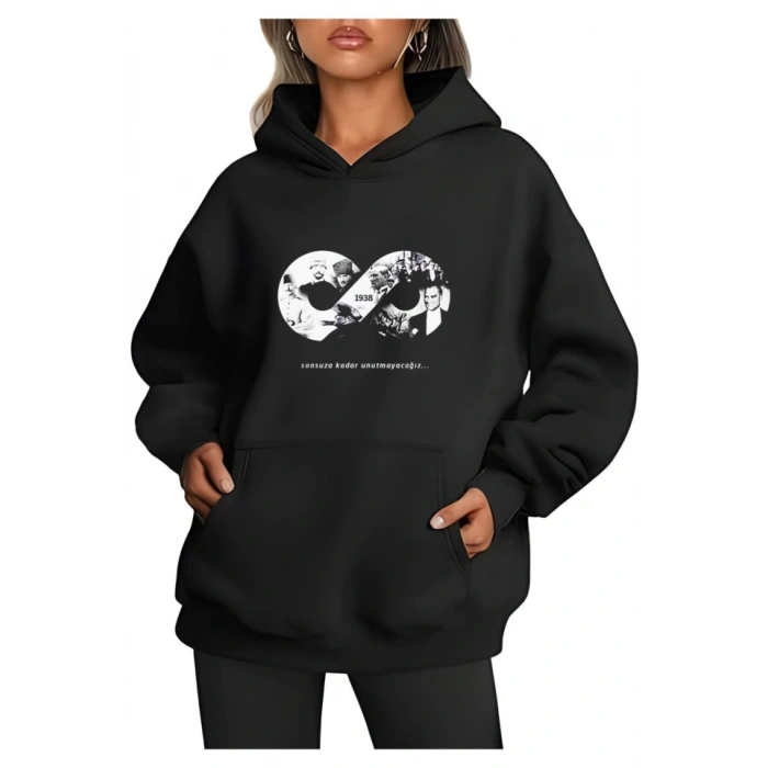 Biçomi Üç İplik Kapşonlu 10 Kasıma Özel SweatShirt - Siyah