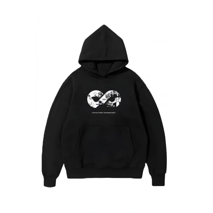 Biçomi Üç İplik Kapşonlu 10 Kasıma Özel SweatShirt - Siyah