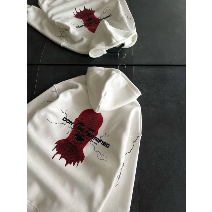 Biçomi Üç İplik Kapşonlu Baskılı Oversize SweatShirt- Beyaz
