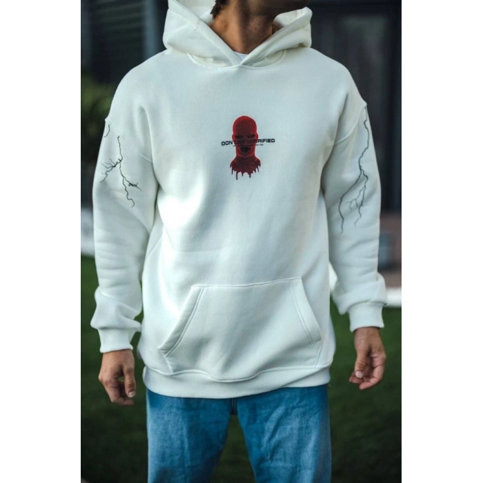 Biçomi Üç İplik Kapşonlu Baskılı Oversize SweatShirt- Beyaz