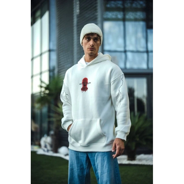 Biçomi Üç İplik Kapşonlu Baskılı Oversize SweatShirt- Beyaz