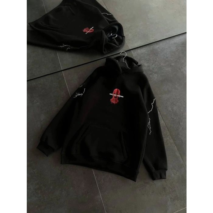 Biçomi Üç İplik Kapşonlu Baskılı Oversize SweatShirt- Siyah