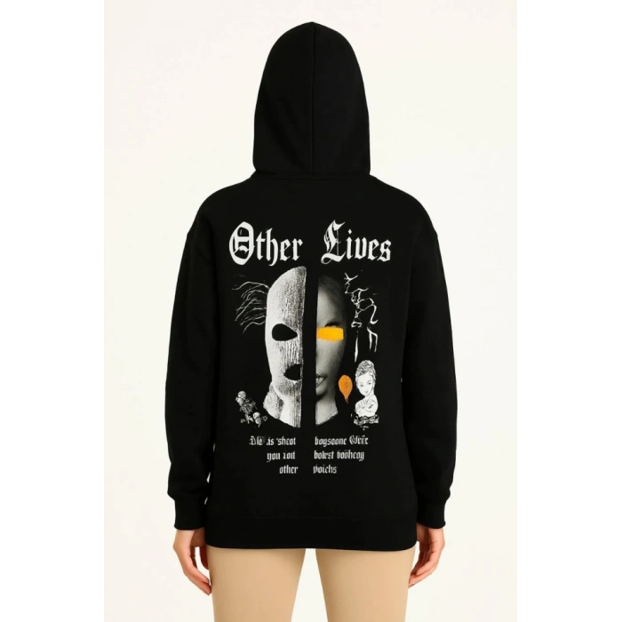 Biçomi Üç İplik Kapşonlu ön Ve Arka Baskılı SweatShirt Hoodie- Siyah