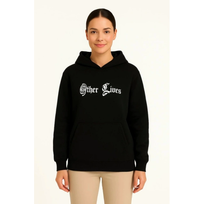 Biçomi Üç İplik Kapşonlu ön Ve Arka Baskılı SweatShirt Hoodie- Siyah