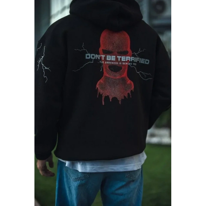 Biçomi Üç İplik Kapüşonlu Baskılı Oversize SweatShirt- Siyah