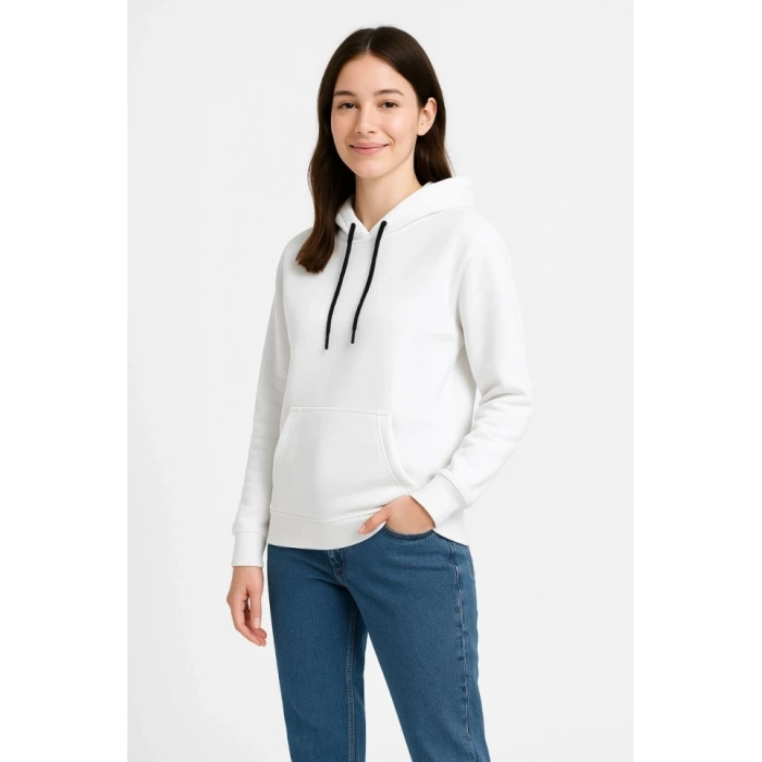 Biçomi Üç İplik Kapüşonlu Kanguru Çepli SweatShirt Hoodie - Beyaz