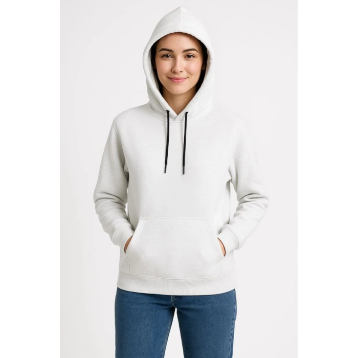 Biçomi Üç İplik Kapüşonlu Kanguru Çepli SweatShirt Hoodie - Beyaz