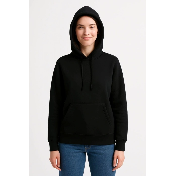 Biçomi Üç İplik Kapüşonlu Kanguru Çepli SweatShirt Hoodie - Siyah