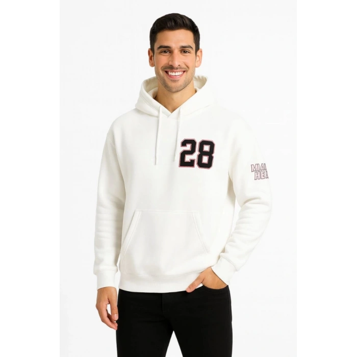 Biçomi Üç İplik Kapüşonlu Ön Ve Arka Baskılı SweatShirt Hoodie - Beyaz