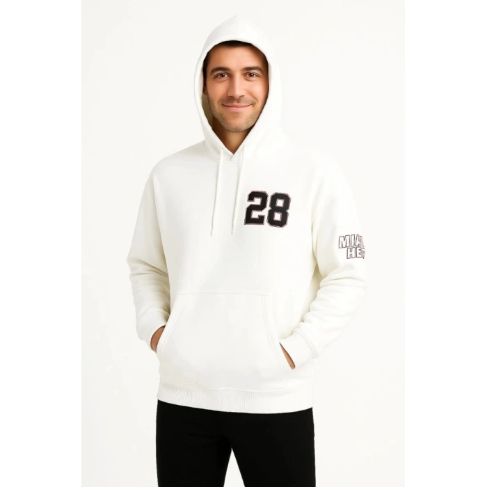 Biçomi Üç İplik Kapüşonlu Ön Ve Arka Baskılı SweatShirt Hoodie - Beyaz