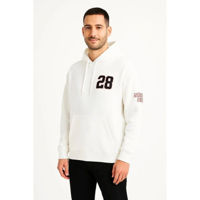Biçomi Üç İplik Kapüşonlu Ön Ve Arka Baskılı SweatShirt Hoodie - Beyaz