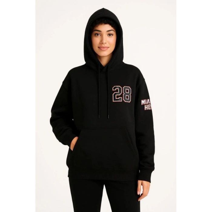 Biçomi Üç İplik Kapüşonlu Ön Ve Arka Baskılı SweatShirt Hoodie - Siyah