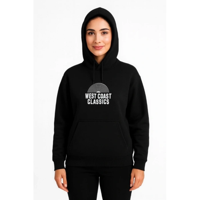 Biçomi Üç İplik Kapüşonlu Ön Ve Arka Baskılı SweatShirt Hoodie - Siyah