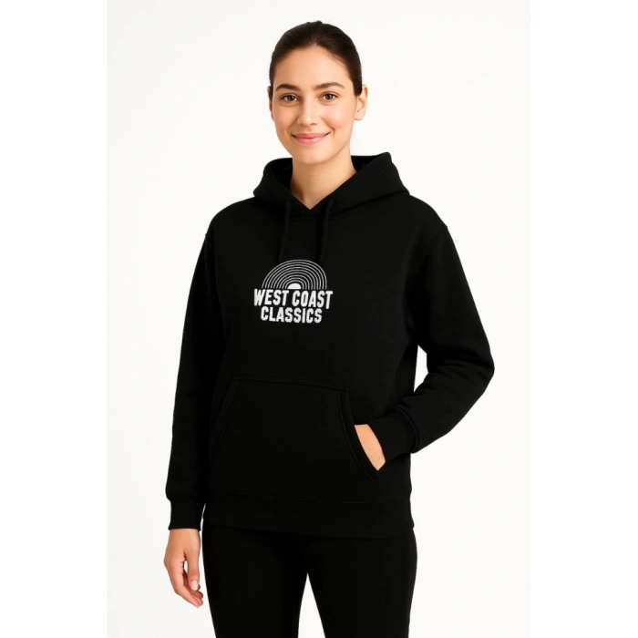 Biçomi Üç İplik Kapüşonlu Ön Ve Arka Baskılı SweatShirt Hoodie - Siyah