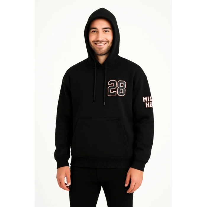 Biçomi Üç İplik Kapüşonlu Ön Ve Arka Baskılı SweatShirt Hoodie - Siyah