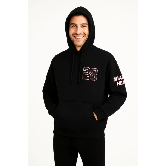 Biçomi Üç İplik Kapüşonlu Ön Ve Arka Baskılı SweatShirt Hoodie - Siyah