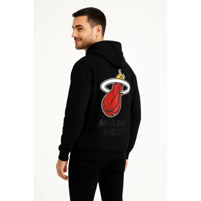Biçomi Üç İplik Kapüşonlu Ön Ve Arka Baskılı SweatShirt Hoodie - Siyah