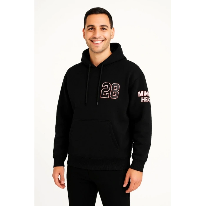 Biçomi Üç İplik Kapüşonlu Ön Ve Arka Baskılı SweatShirt Hoodie - Siyah