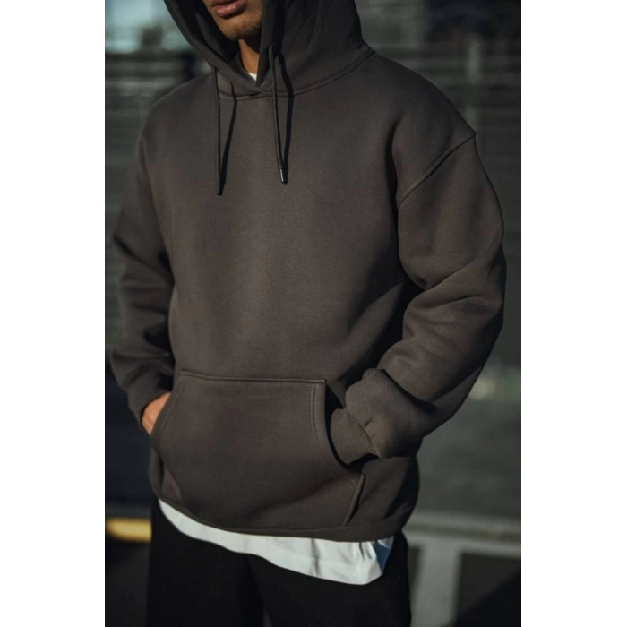 Biçomi Üç İplik Penye Kapşonlu Basic SweatShirt - Antrasit