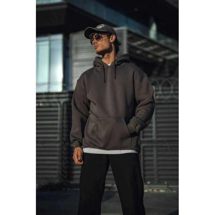 Biçomi Üç İplik Penye Kapşonlu Basic SweatShirt - Antrasit