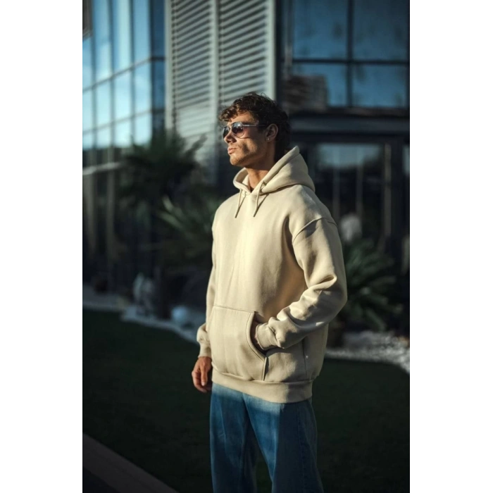 Biçomi Üç İplik Penye Kapşonlu Basic SweatShirt - Bej