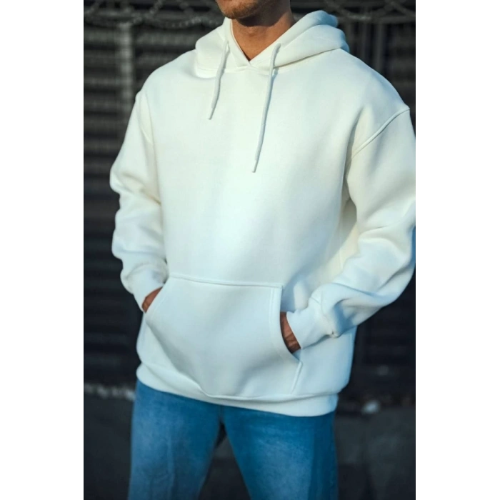 Biçomi Üç İplik Penye Kapşonlu Basic SweatShirt - Beyaz