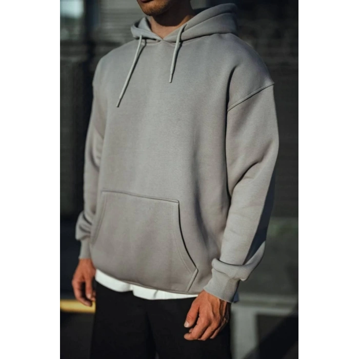 Biçomi Üç İplik Penye Kapşonlu Basic SweatShirt - Boyalı Gri