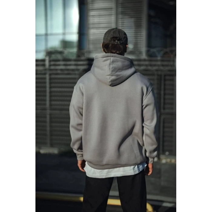 Biçomi Üç İplik Penye Kapşonlu Basic SweatShirt - Boyalı Gri