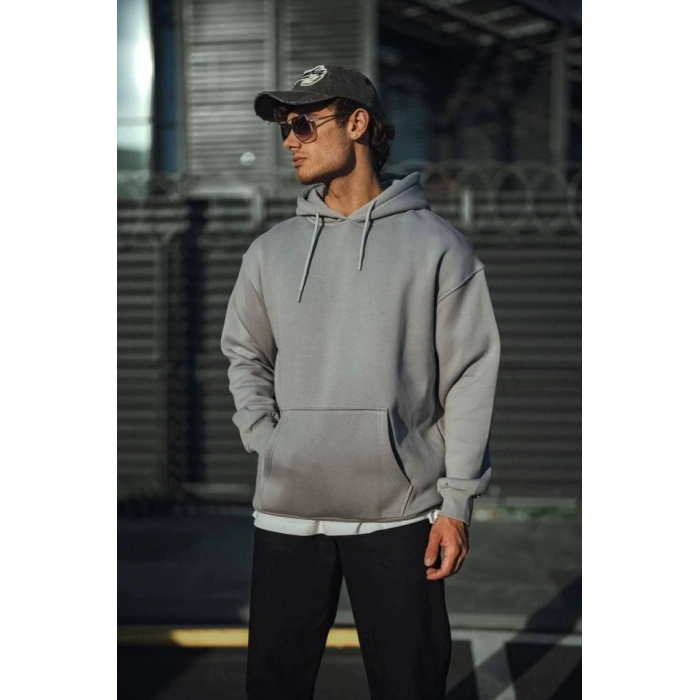 Biçomi Üç İplik Penye Kapşonlu Basic SweatShirt - Boyalı Gri
