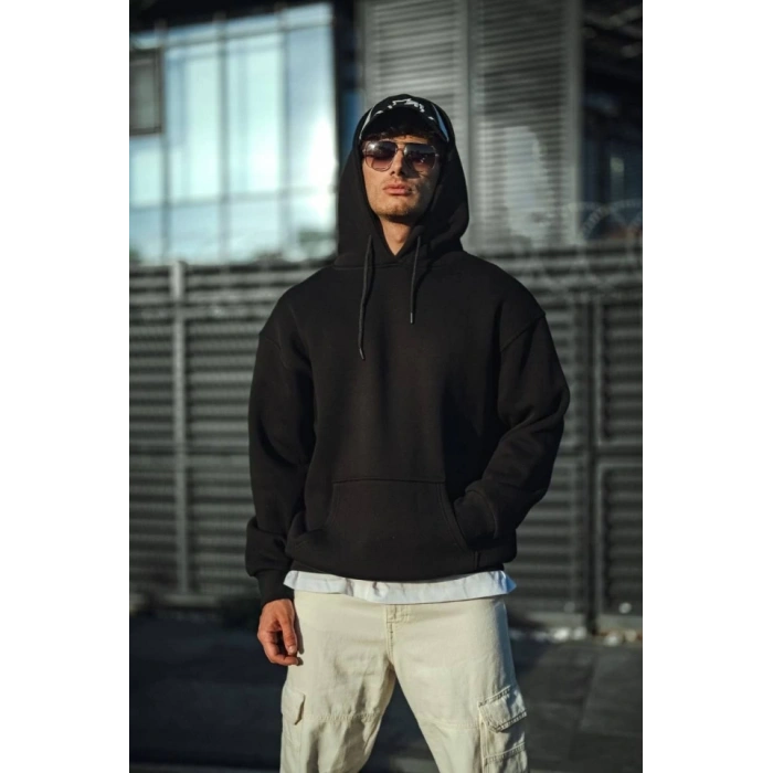 Biçomi Üç İplik Penye Kapşonlu Basic SweatShirt - Siyah