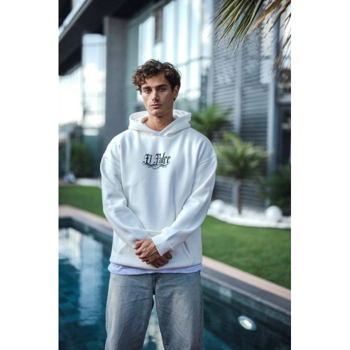 Biçomi Üç İplik Penye Kapşonlu Baskılı SweatShirt - Beyaz