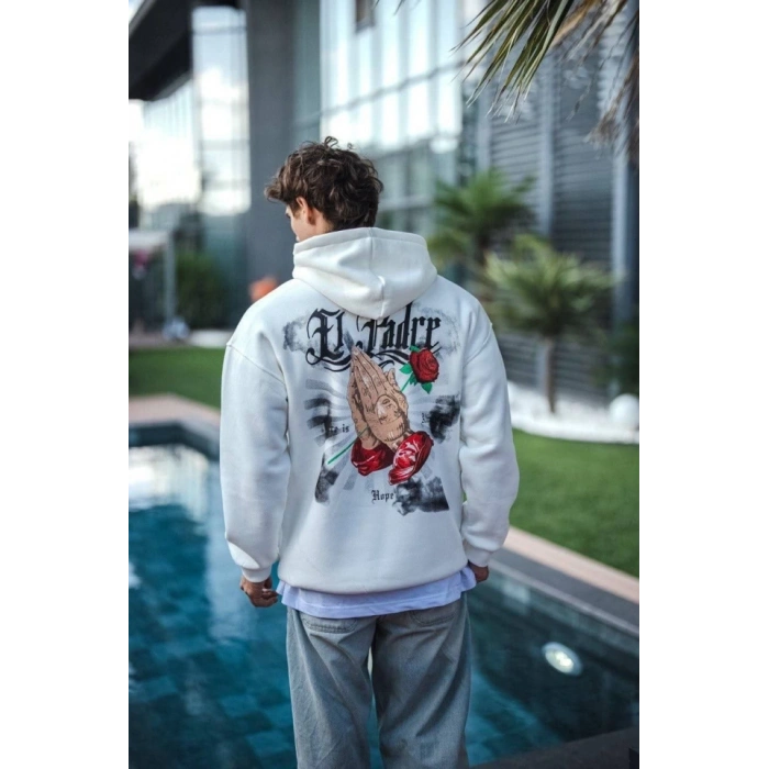 Biçomi Üç İplik Penye Kapşonlu Baskılı SweatShirt - Beyaz