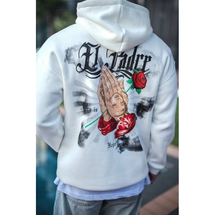 Biçomi Üç İplik Penye Kapşonlu Baskılı SweatShirt - Beyaz
