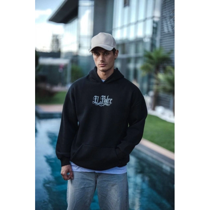 Biçomi Üç İplik Penye Kapşonlu Baskılı SweatShirt - Siyah