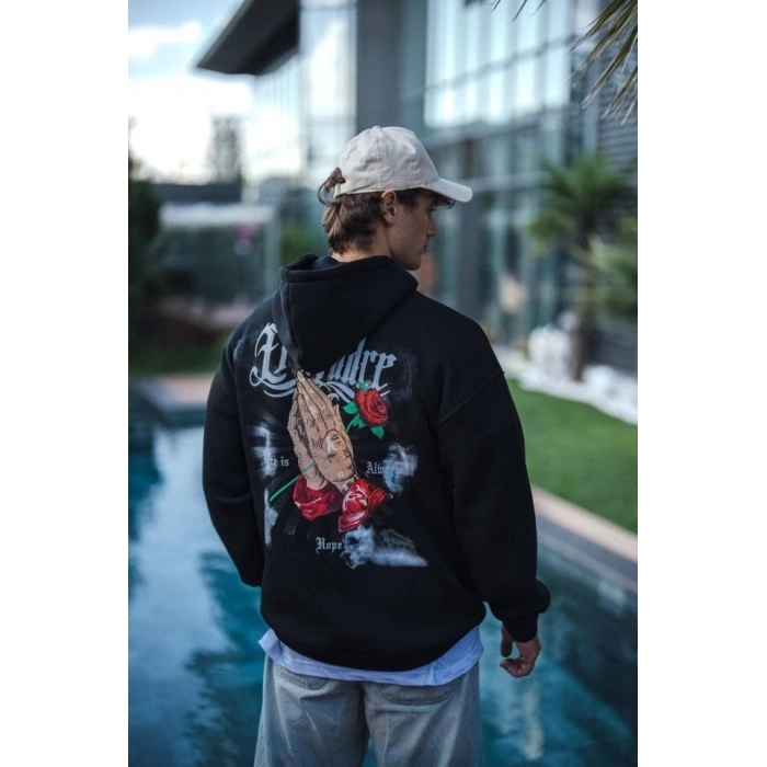 Biçomi Üç İplik Penye Kapşonlu Baskılı SweatShirt - Siyah
