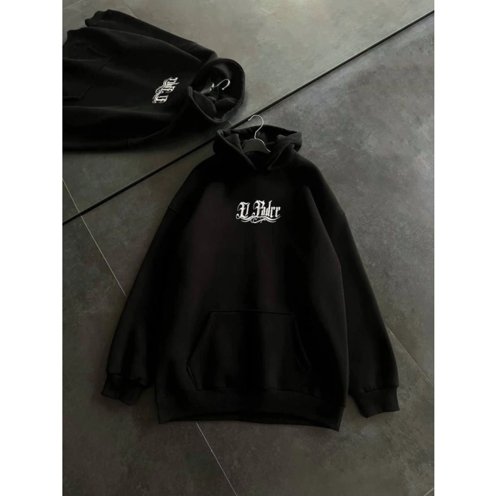 Biçomi Üç İplik Penye Uzun Kol Kapşonlu Baskılı SweatShirt - Siyah