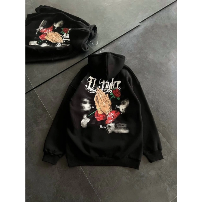 Biçomi Üç İplik Penye Uzun Kol Kapşonlu Baskılı SweatShirt - Siyah