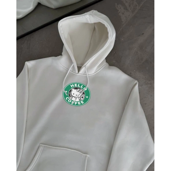 Biçomi Üç İplik Penye Uzun Kol Kapşonlu SweatShirt - Beyaz
