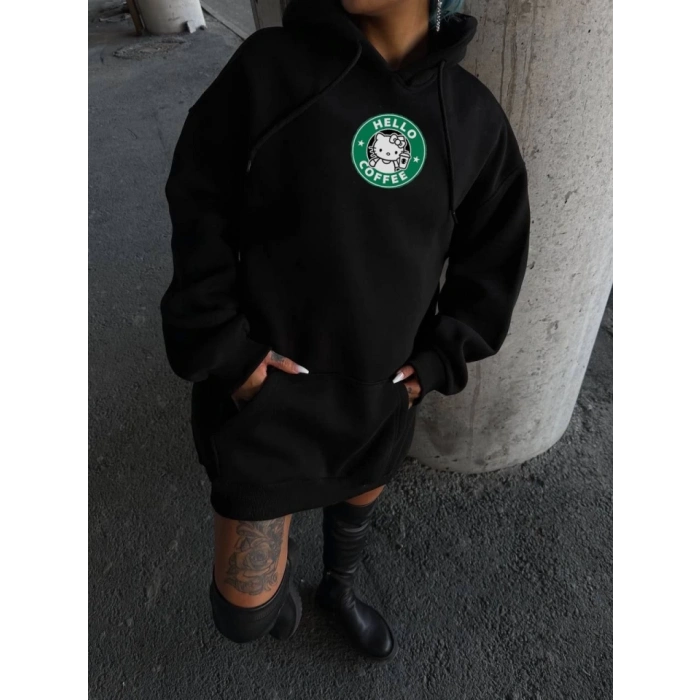 Biçomi Üç İplik Penye Uzun Kol Kapşonlu SweatShirt - Siyah