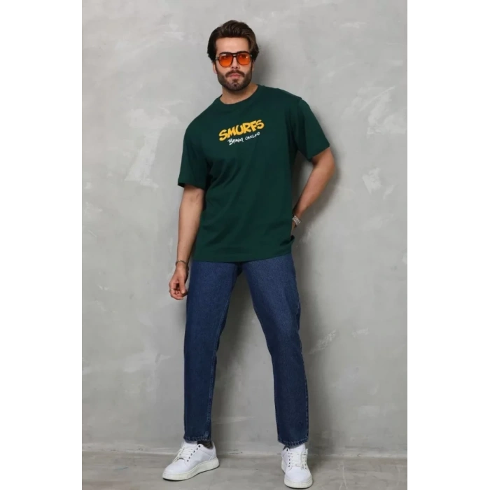 Biçomi Unisex Basic Bisiklet Yaka Oversize T-Shirt - Yeşil