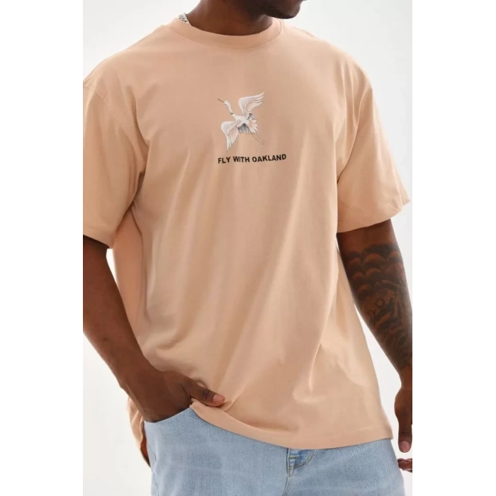 Biçomi Unisex Baskılı Oversize T-Shirt - Bej
