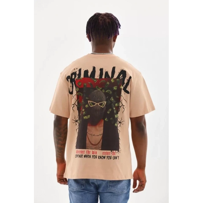 Biçomi Unisex Baskılı Oversize T-Shirt - Bej