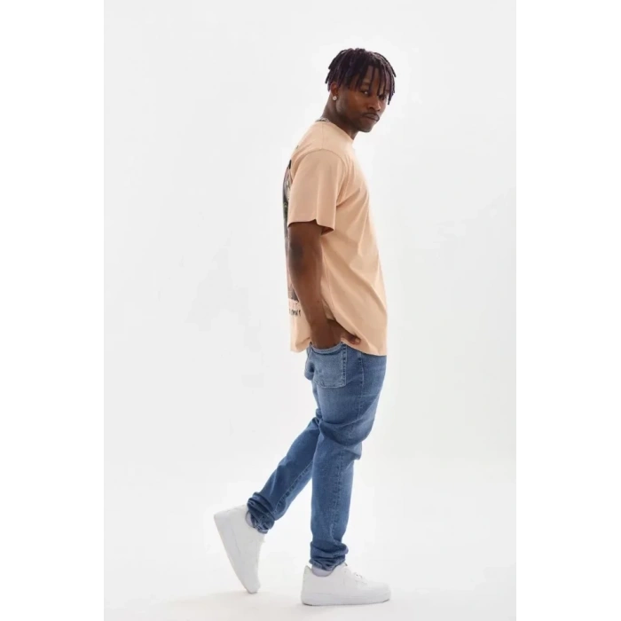 Biçomi Unisex Baskılı Oversize T-Shirt - Bej