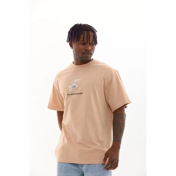 Biçomi Unisex Baskılı Oversize T-Shirt - Bej
