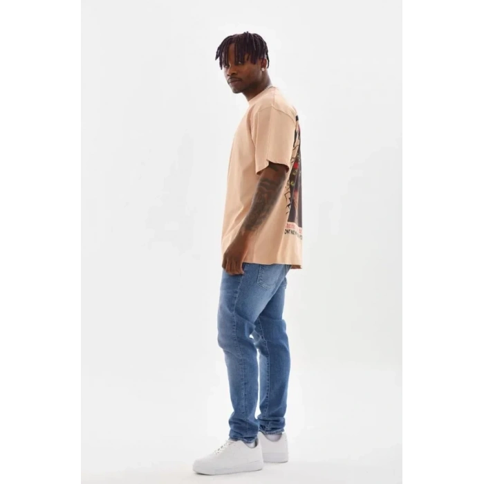 Biçomi Unisex Baskılı Oversize T-Shirt - Bej