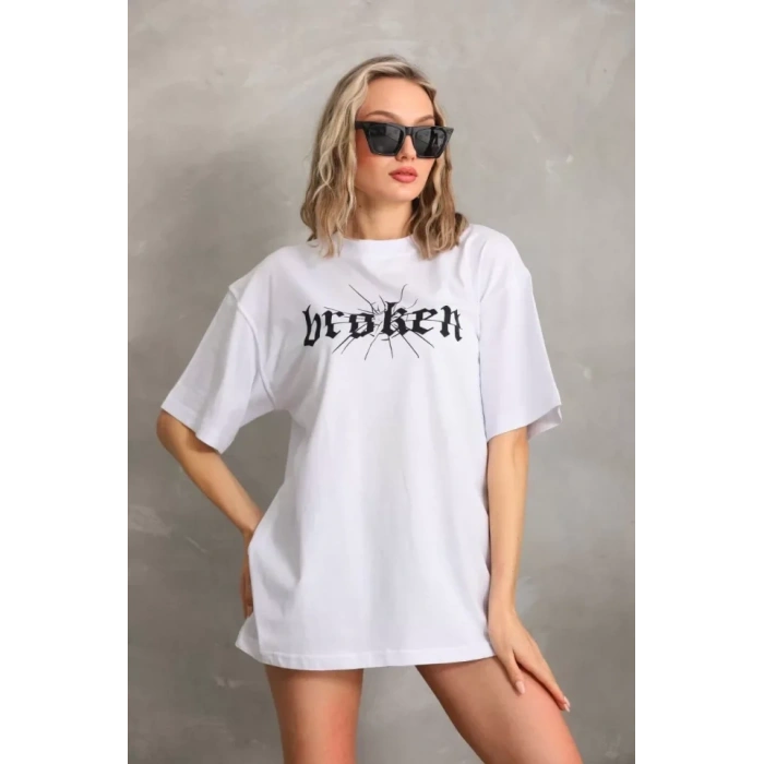 Biçomi Unisex Baskılı Oversize T-Shirt - Beyaz