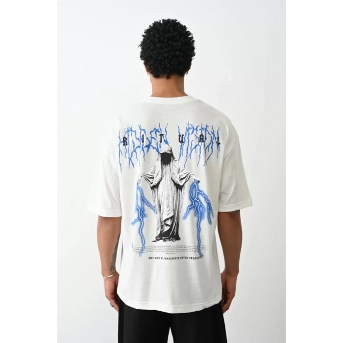 Biçomi Unisex Baskılı Oversize T-Shirt - Beyaz