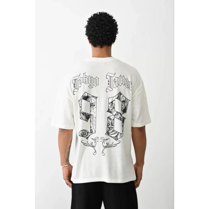 Biçomi Unisex Baskılı Oversize T-Shirt - Beyaz